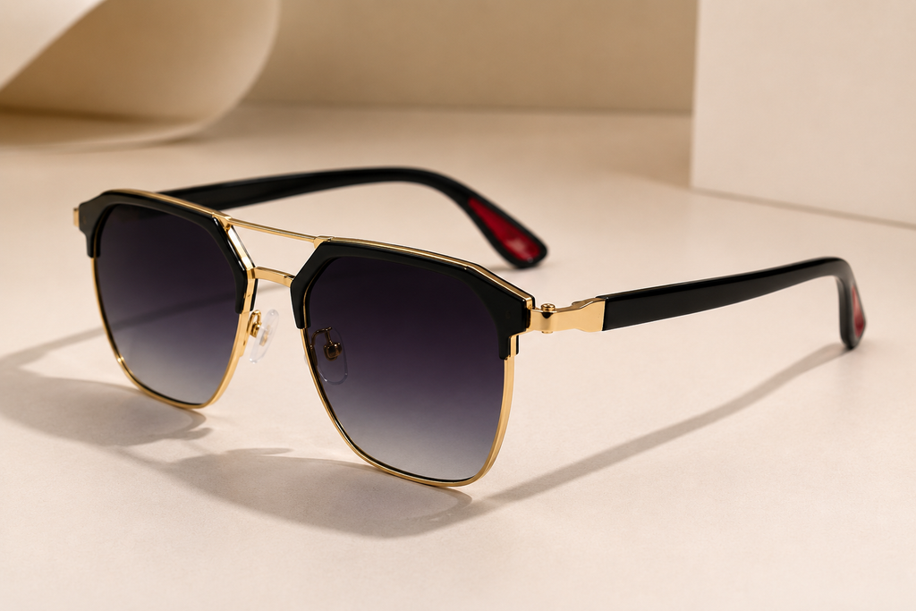 A pair of angular sunglasses with a gold metal frame, black acetate detailing, and gradient dark lenses, resting on a beige surface with a matching background.