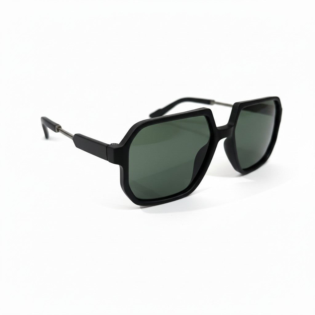 ECLIPSE TITAN Black Geometric Sunglasses with Green Lenses – Unisex