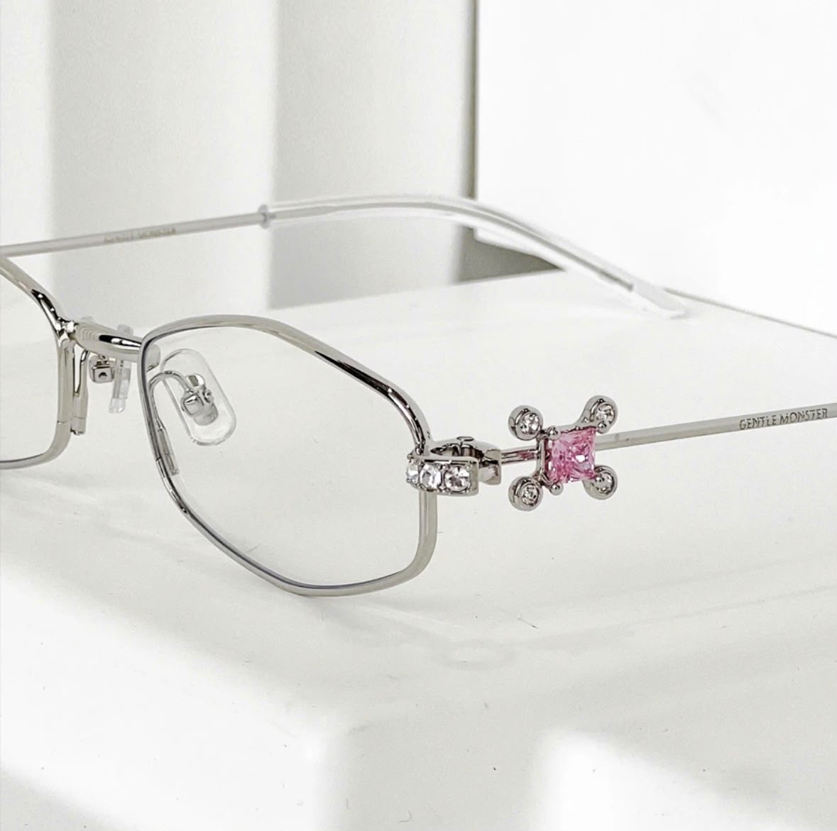 ROSE REGALIA Silver Rectangle Glasses with Pink Crystal Temple Detail – Women
