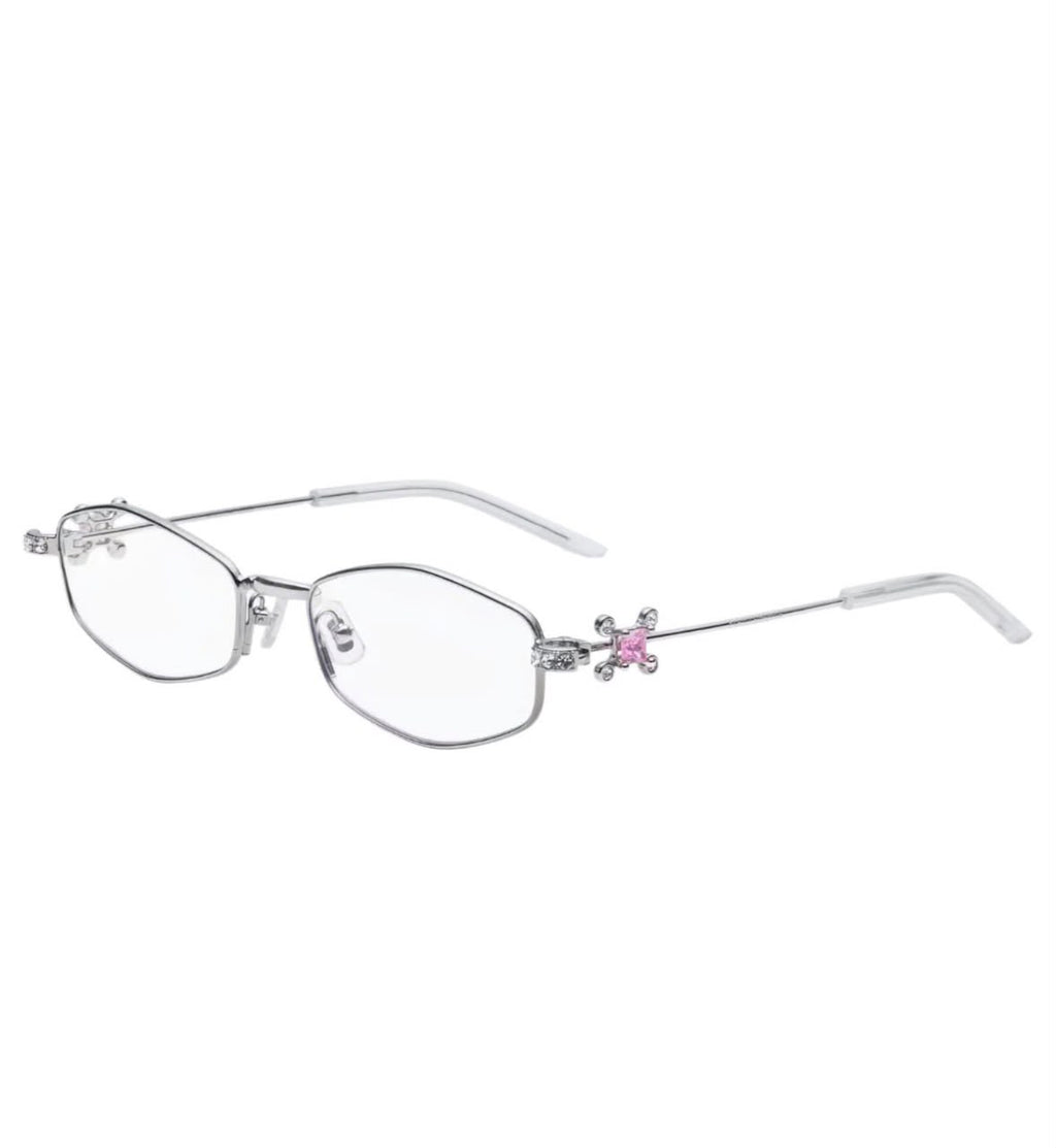 ROSE REGALIA Silver Rectangle Glasses with Pink Crystal Temple Detail – Women