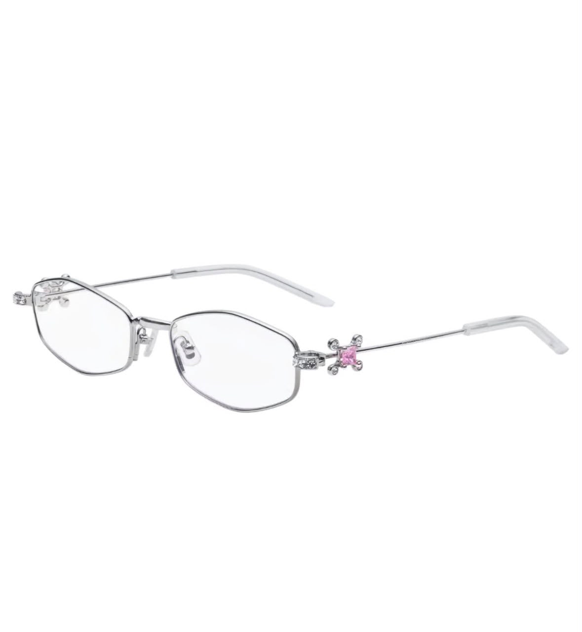 ROSE REGALIA Silver Rectangle Glasses with Pink Crystal Temple Detail – Women