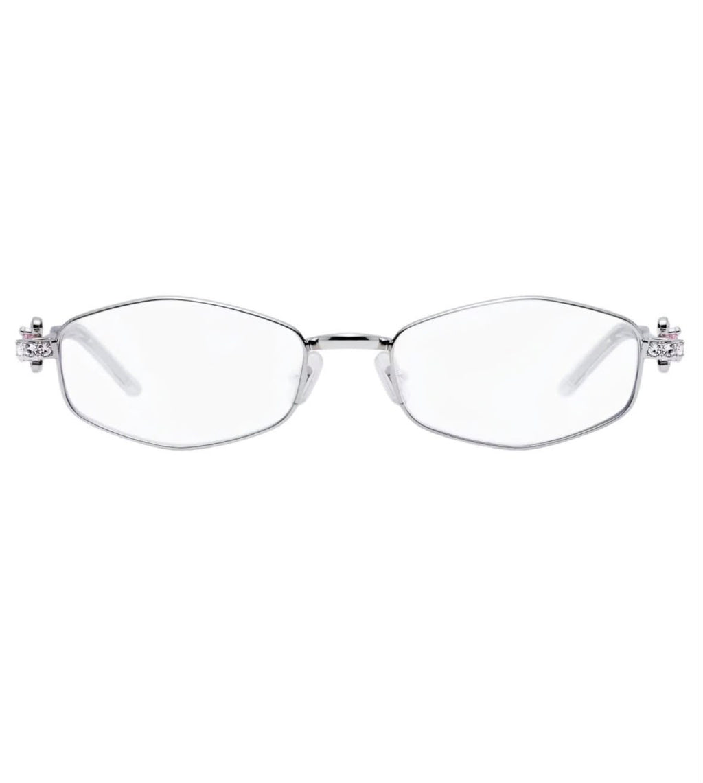 ROSE REGALIA Silver Rectangle Glasses with Pink Crystal Temple Detail – Women