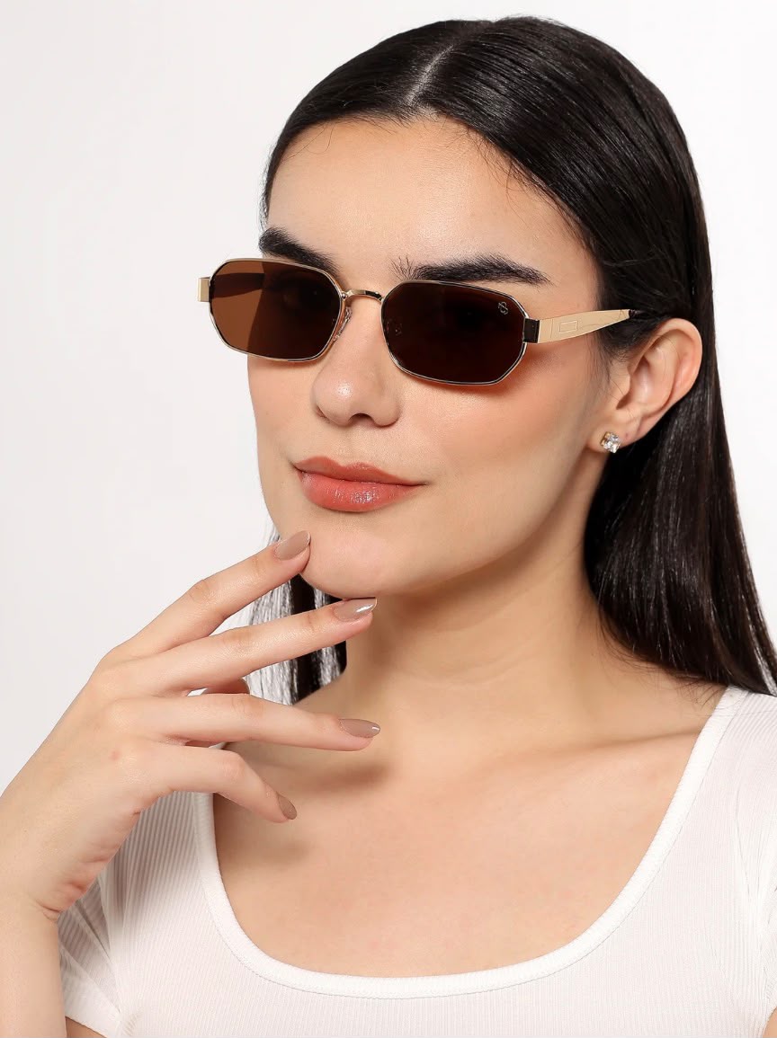 ROSÉ EDGE Rose-Gold Geometric Sunglasses with Brown-Tinted Lenses – Unisex
